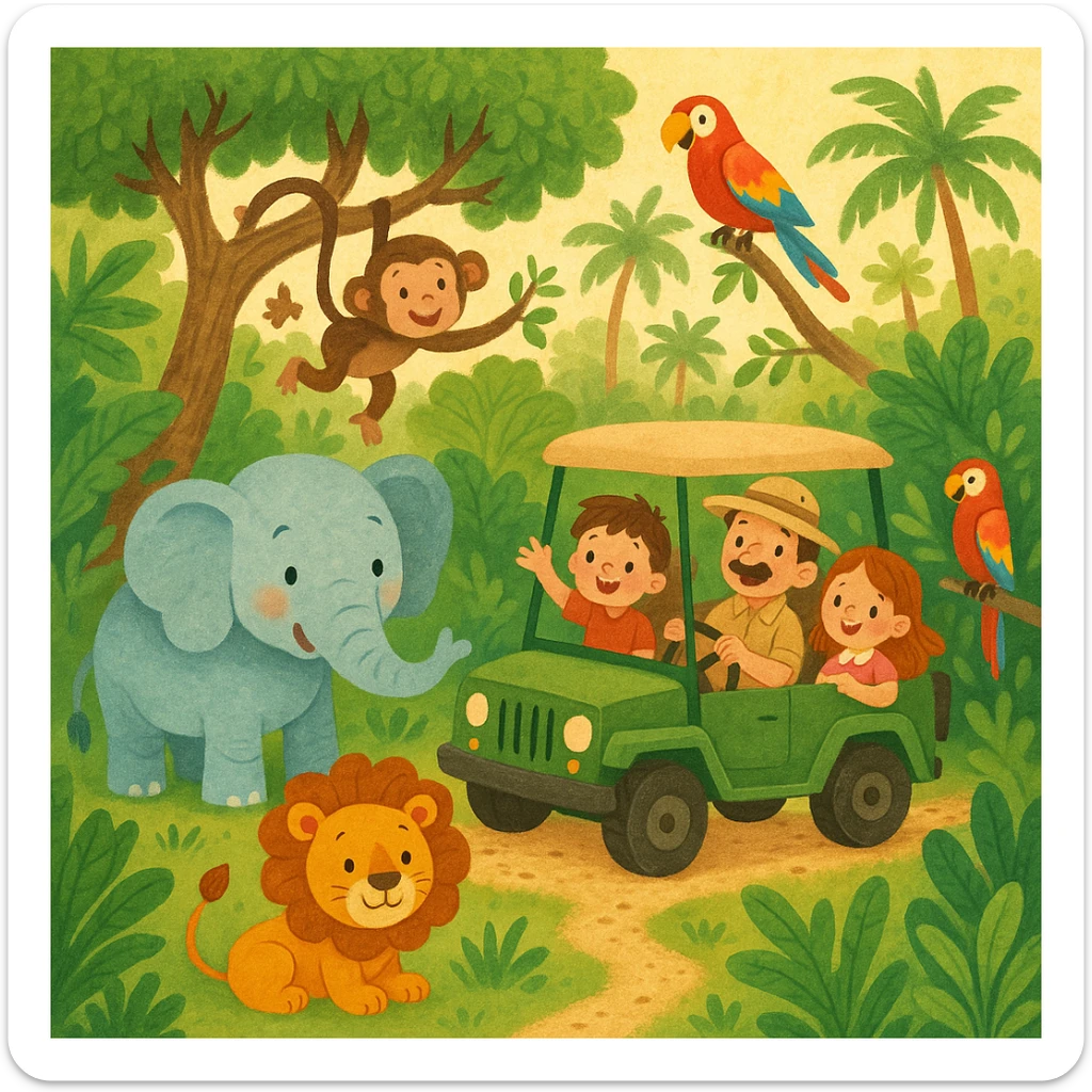 digital illustration of jungle safari in the style of children's story book sticker