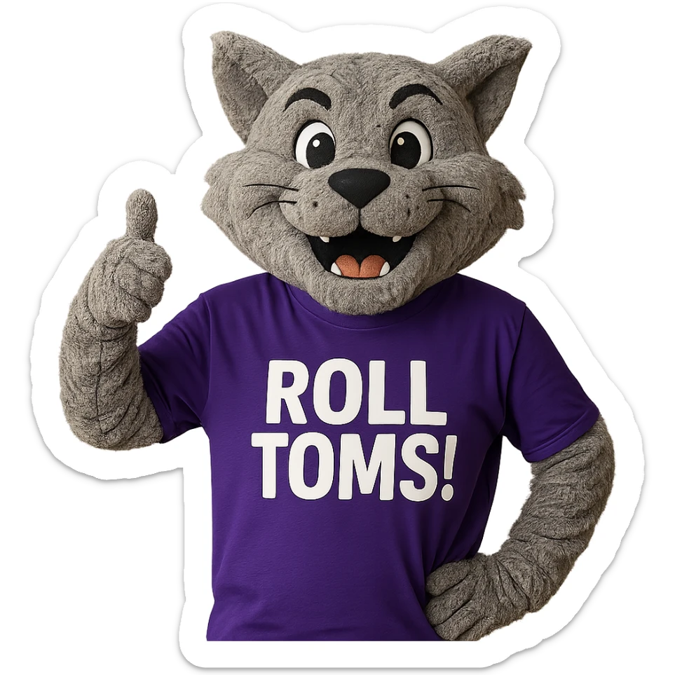 Tommie the Tomcat, University of St. Thomas mascot, in a purple t-shirt that says 'Roll Toms!', smiling and giving a thumbs up sticker