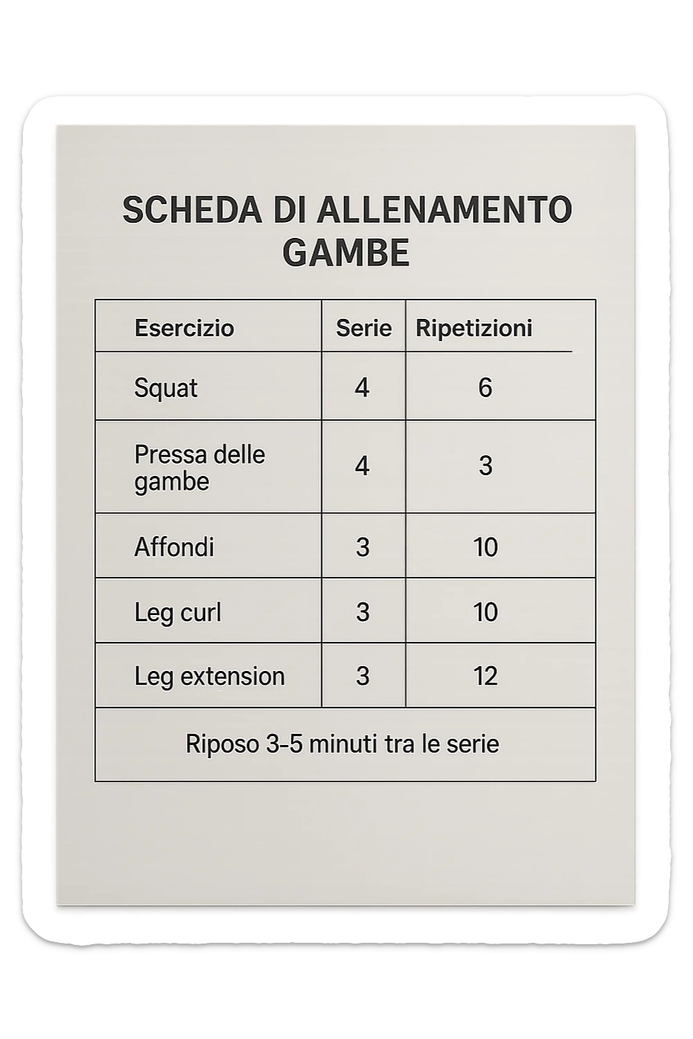 scheda di allenamento gambe in italiano che segna 3-5 minuti di recupero tra le serie, vista dall'alto, iperrealistica 4k sticker