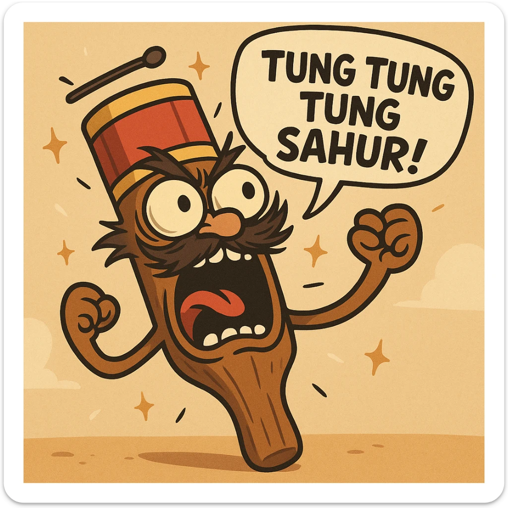 wooden club-shaped emoji character with bug eyes, carved face, wild mustache, drum hat, chaotic energy, sparkles, shouting 'TUNG TUNG TUNG SAHUR!', cartoonish exaggerated style sticker