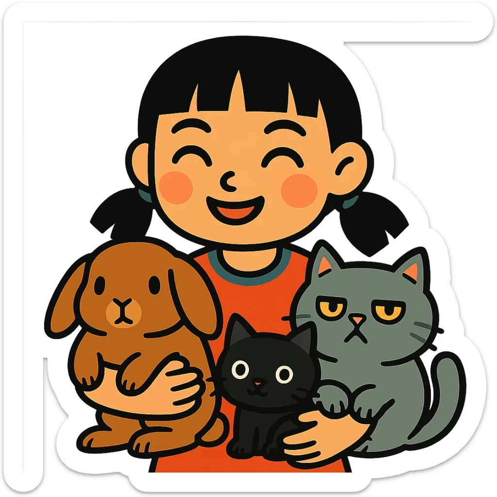 brunette chinita girl holding a brown holland lop rabbit, gray persian cat, and black kitten in vibrant-toon style sticker