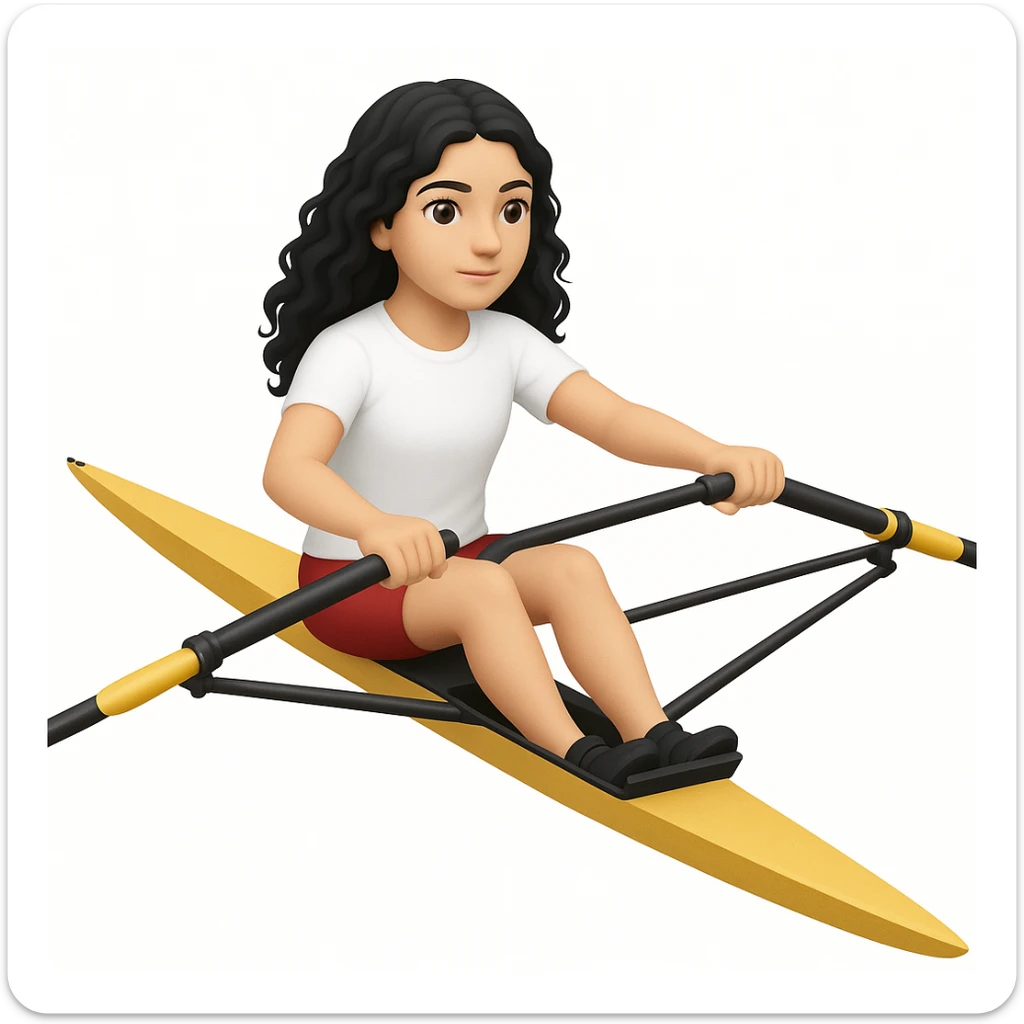 Altındaki tekneyi olimpik kürek sporu için uygun, uzun ve ince yarış teknesi olarak değiştir. Kız siyah uzun dalgalı saçlı, beyaz tenli, kırmızı şort ve beyaz kısa kollu tişörtle olimpik kürek sporu yapıyor sticker