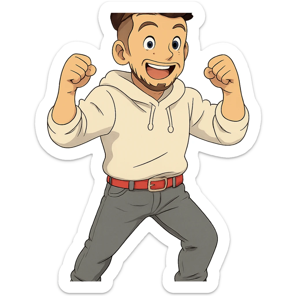 1 male, mid fade haircut dark chestnut brown curly hair, toasted lightskin, white hoodie sleeves up, gray fashion jeans, red fashion-sneakers shoes, red belt, short trimmed beard and goatee,  style of deku from "my hero academia",  "happy!" pose sticker