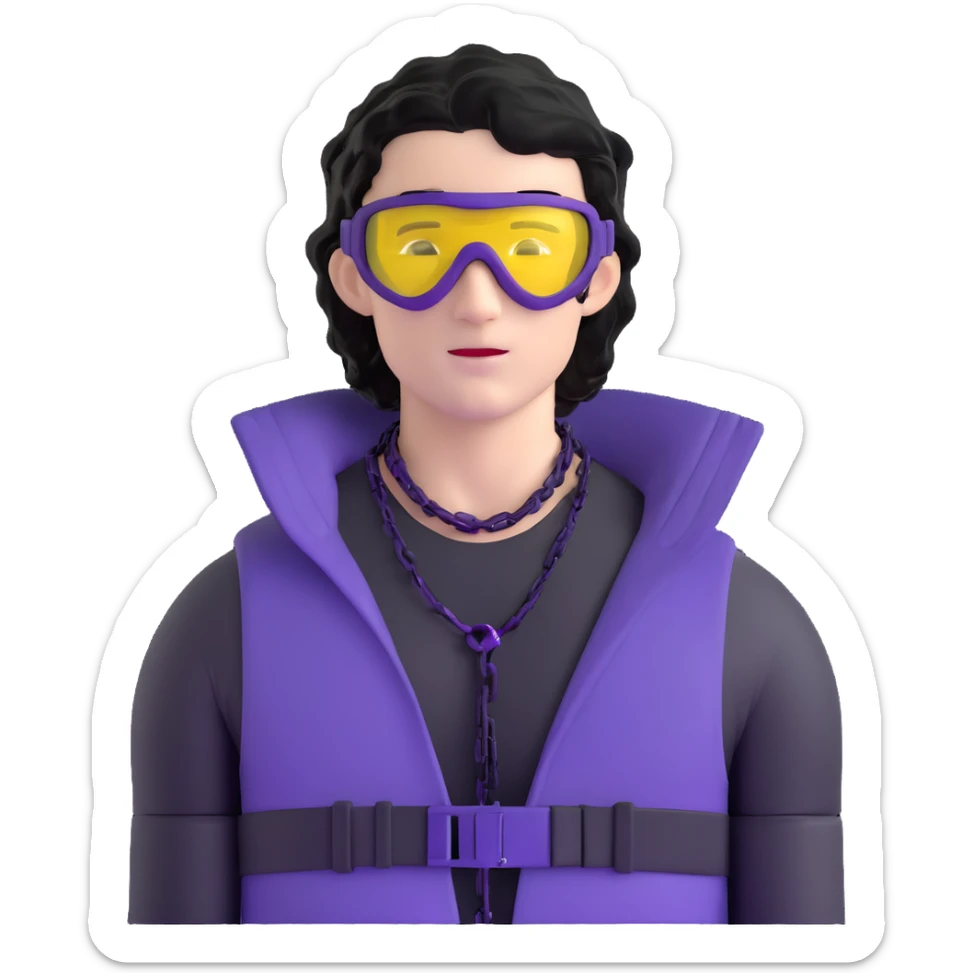 male athlete with white skin and moderately curly black hair on top with shaved sides, wearing ski goggles with purple frames and very dark black lenses, a simple plain black chain necklace, and an open shiny purple vest showing his chest and abs, no earrings sticker