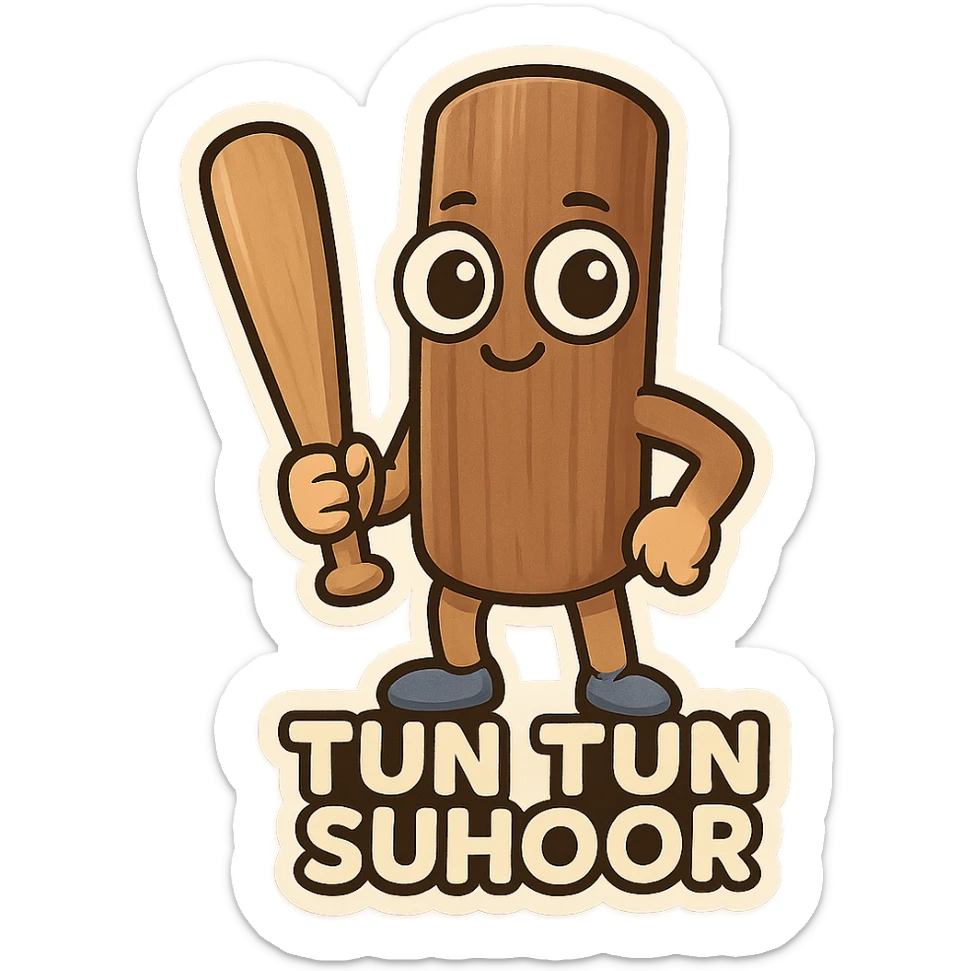 chibi emoji of Tun Tun Suhoor, wooden stick body with smooth brown texture, big cartoon eyes on the stick, small smile, human arms and legs, holding a wooden bat, absurd and funny meme style, no text sticker