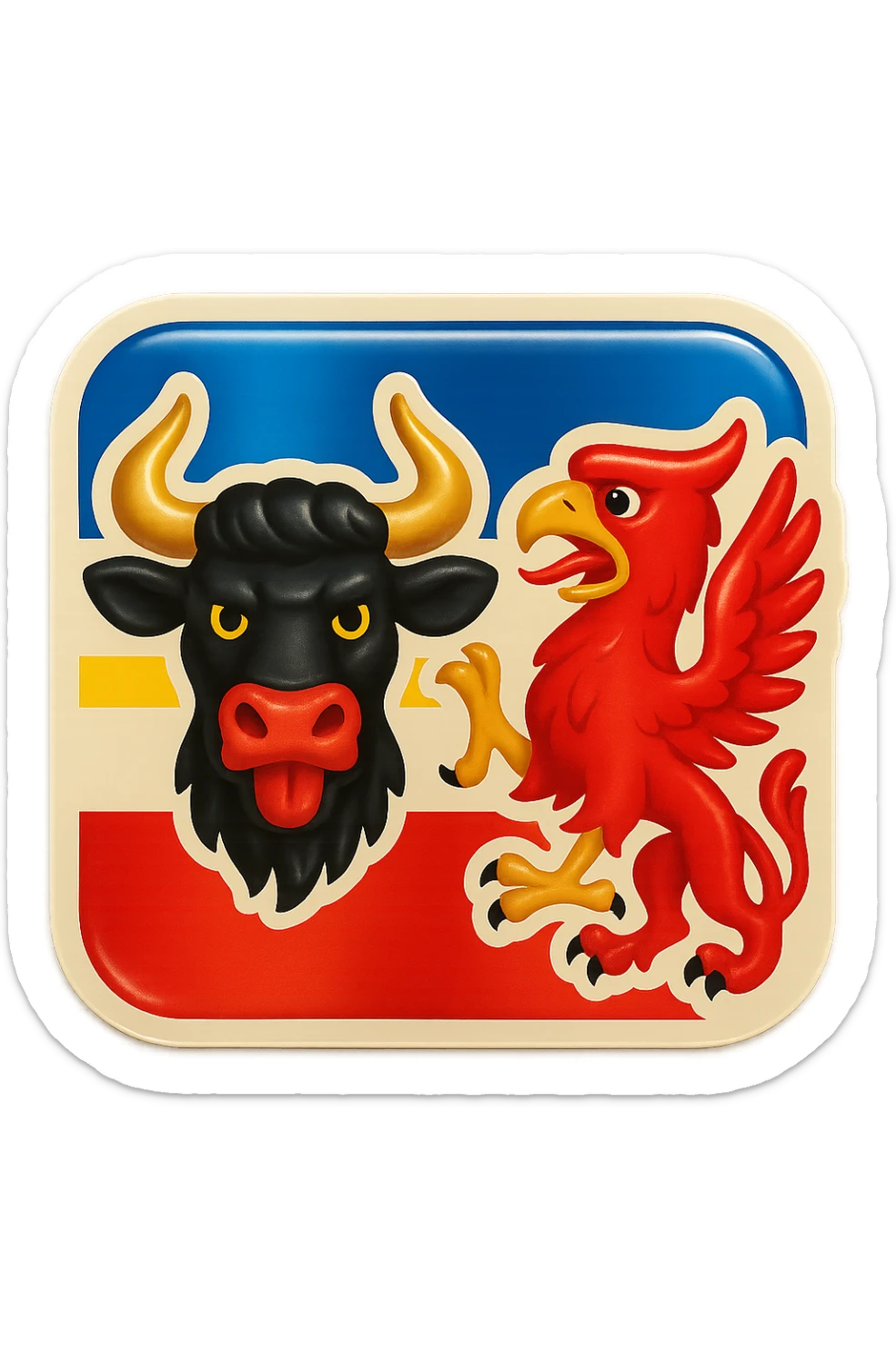 Mecklenburg-Vorpommern bull and griffin emoji, less cartoonish, with Mecklenburg-Vorpommern flag as background, no text sticker