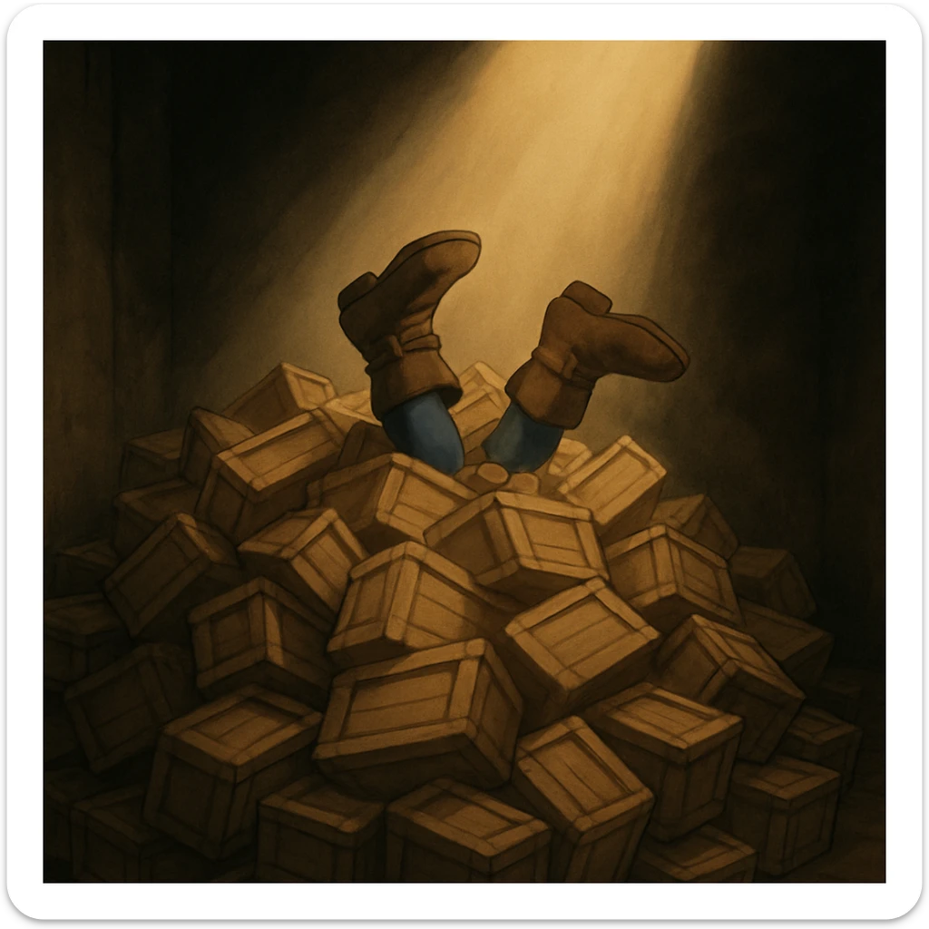 A pile of small oblong crates hidden in a dark area with a beam of light shining from above, with someone’s boots sticking out like they dove in sticker