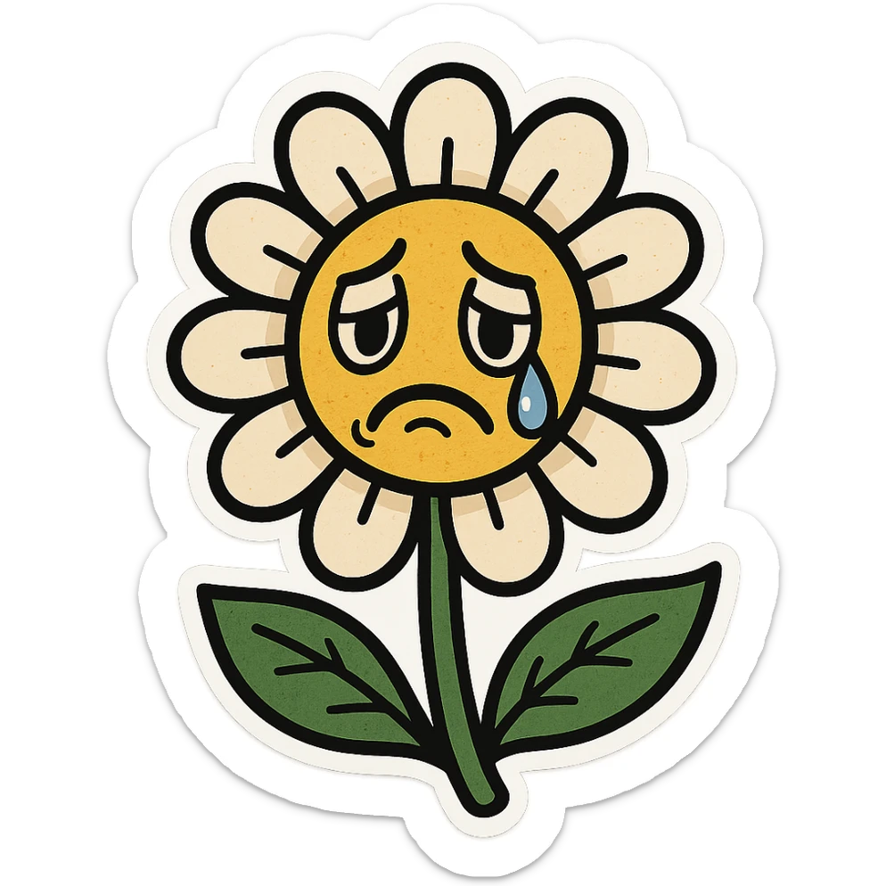 Make the sad flower have a teardrop in the style of cartoonish stickers sticker