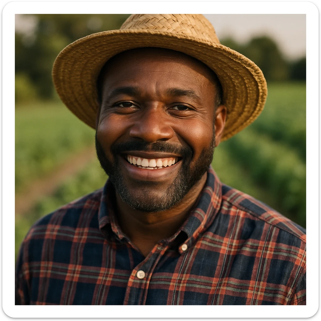 Black man farmer, close-up portrait, smiling, wearing a plaid shirt and straw hat, outdoors sticker