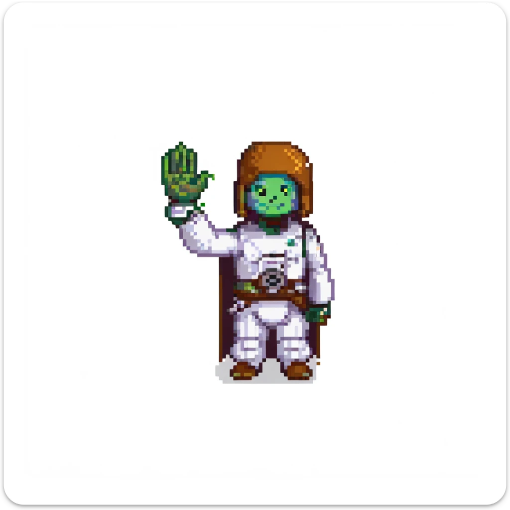 pixel art of a character waving and saying 'Hello there', inspired by Star Wars sticker