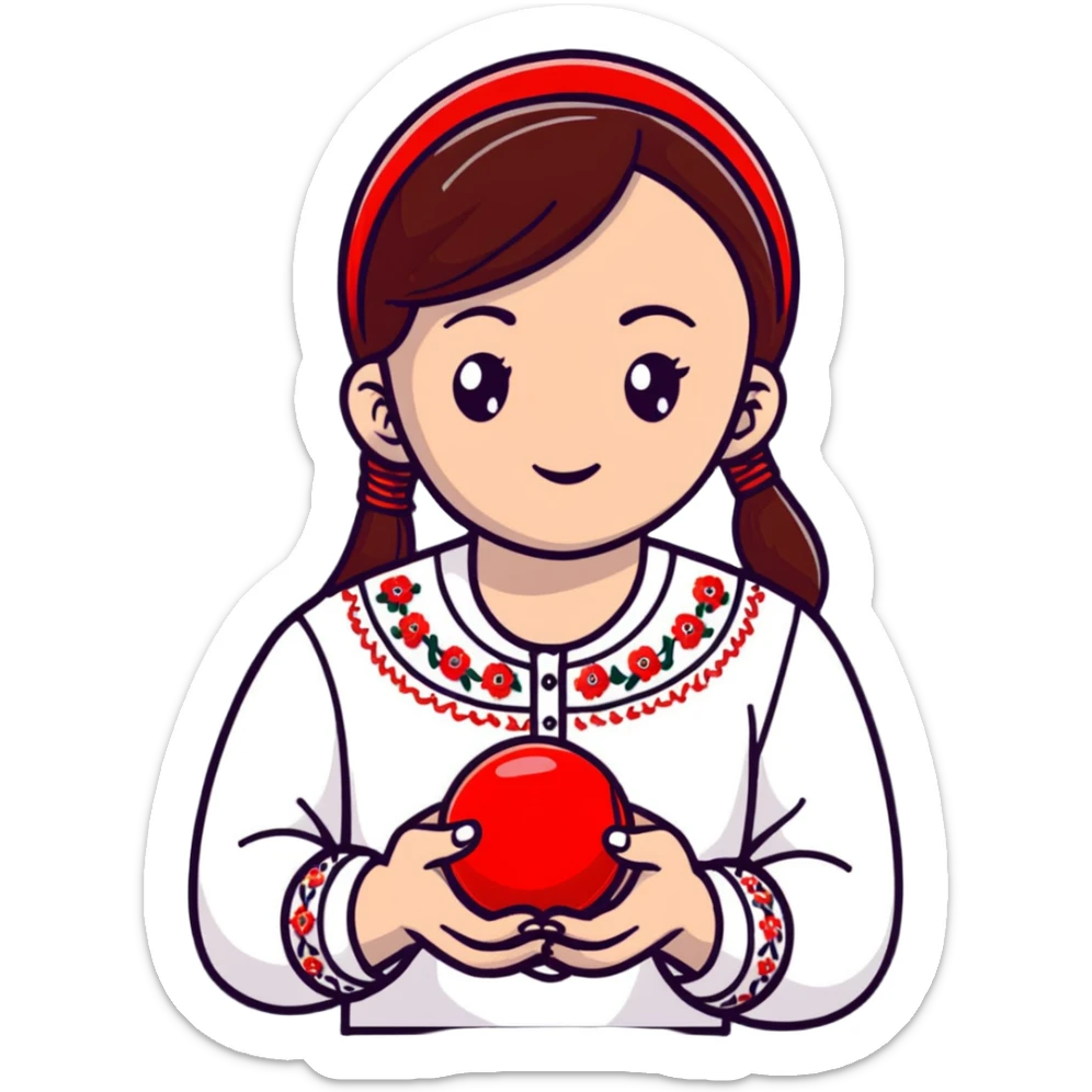 Ukrainian young girl in a white embroidered shirt holds a red ball of thread in her hand sticker