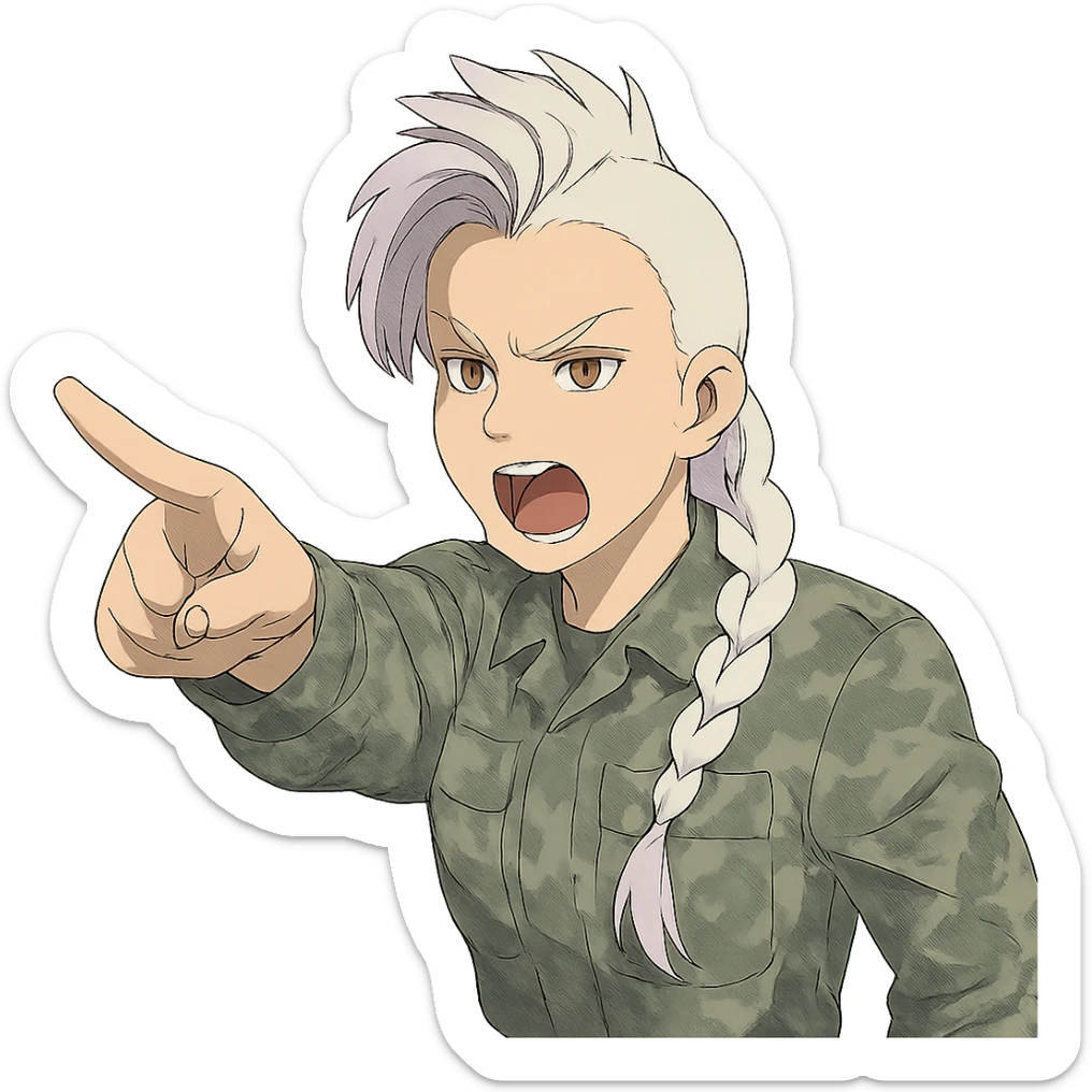 Style of Anime, 1 female, gold yellow eyes, white hair lavender tips, locks in front, mohawk, long white braid, she is a drill sergeant at work, focused facial expression, shouting command, eyes looking down in front of her, pointing a blade hand gesture to the forward direction, uniform of gray large scale digital camo sticker