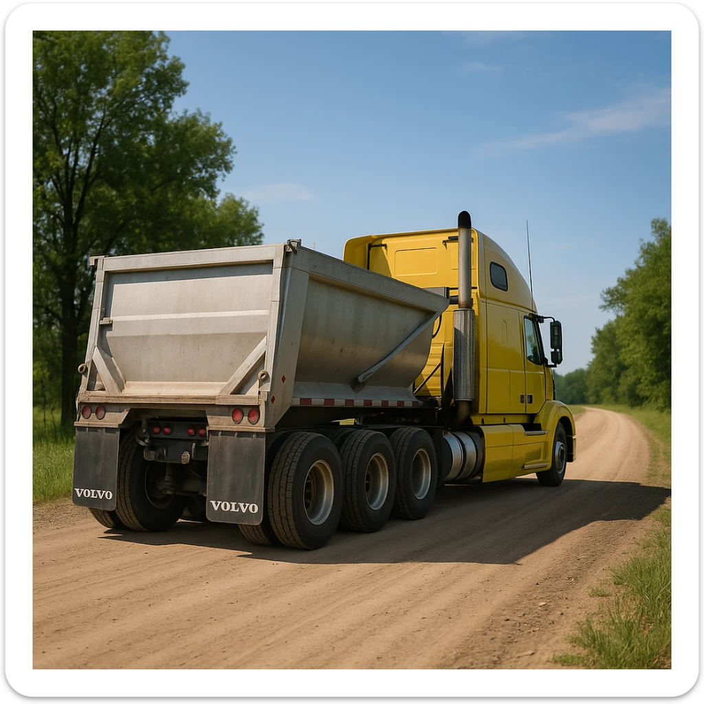 ultra-realistic rear three-quarter angle view of a Volvo yellow semi sleeper truck and silver end dump trailer, both in normal position, driving away down a photorealistic dirt road with trees and grass on both sides, blue sky sticker