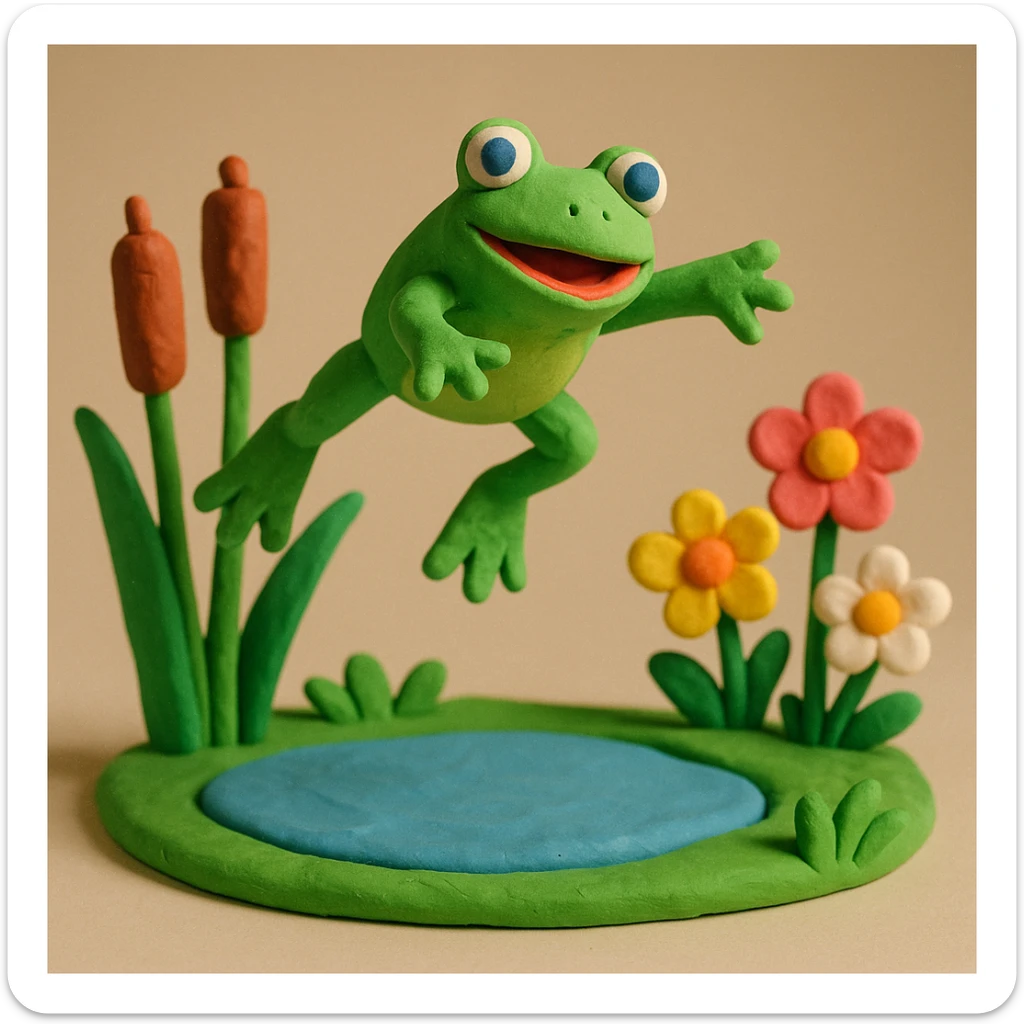 frog leaping above a pond with cattails and flowers, playful and colorful, claymation style sticker