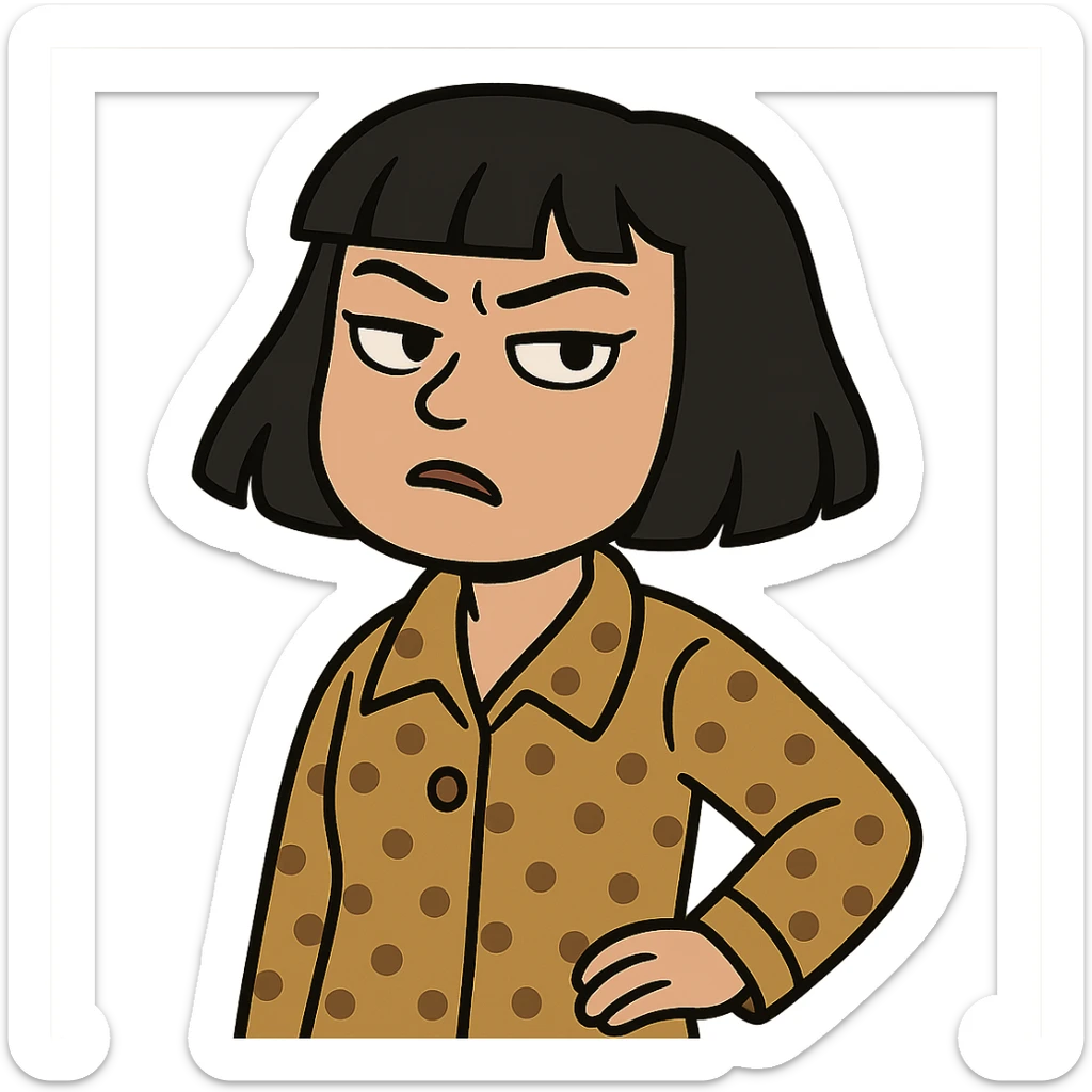 girl with black bob-cut hair, dotted coat, Chinese appearance sticker