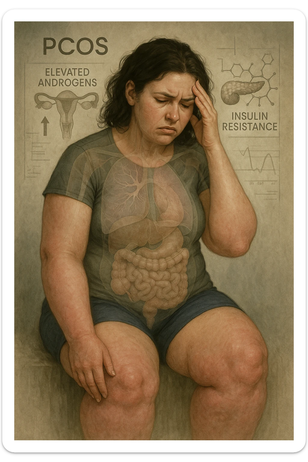 cinematic realistic in italiano Woman with PCOS struggling with hormonal chaos, transparent overlay showing elevated androgens and insulin resistance affecting her body, lipedema causing disproportionate fat accumulation in legs and arms despite normal torso, expression of frustration with unexplained weight gain, medical charts showing complex endocrine dysfunction, painful swollen limbs contrasting with metabolic confusion scrivi in italiano sticker