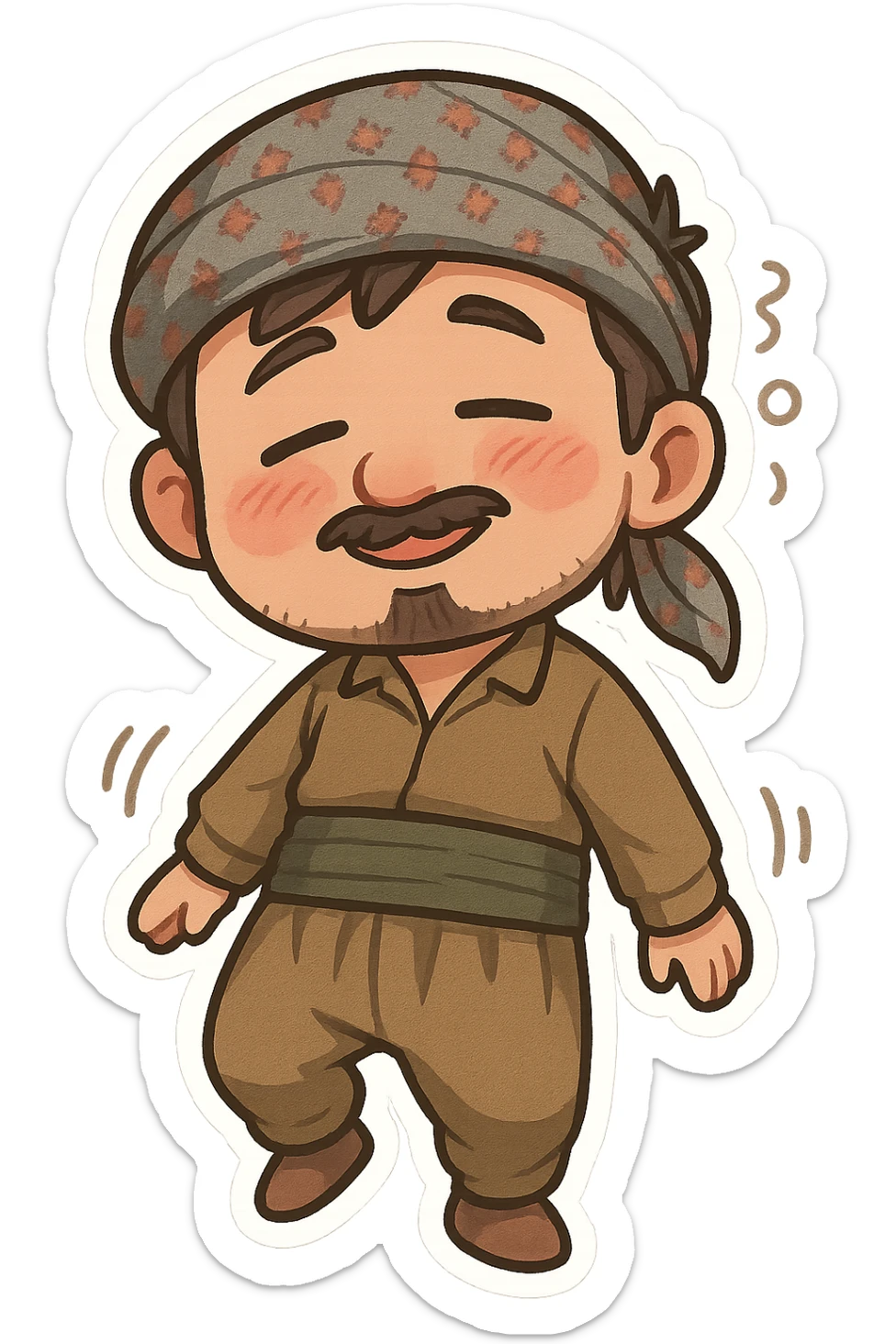 Kurdish man or woman in jamadani, cartoon style, tipsy or slightly drunk, rosy cheeks, relaxed smile, swaying, no text sticker