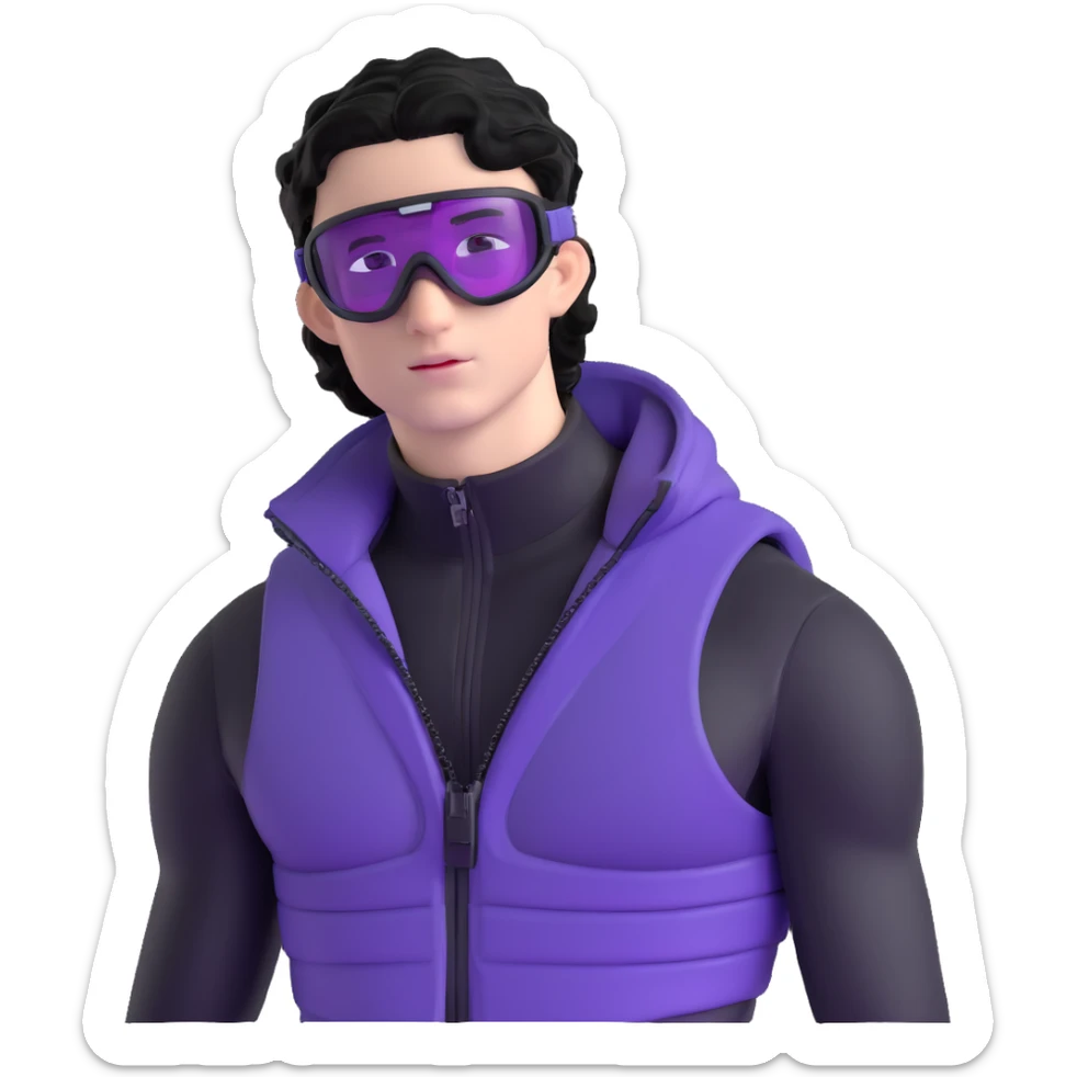 male athlete with white skin and moderately curly black hair on top with shaved sides, wearing ski goggles with purple frames and very dark black lenses, a simple plain black chain necklace, and a completely unzipped/wide open shiny purple vest fully revealing his chest and abs, no earrings sticker