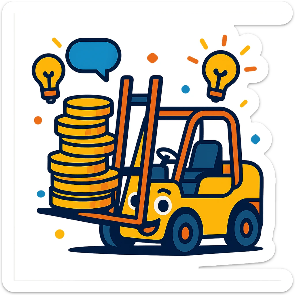 cartoon vibrant style emoji showing a forklift carrying a stack of gold coins, surrounded by speech bubbles and light bulbs, with a smiling face on the forklift sticker