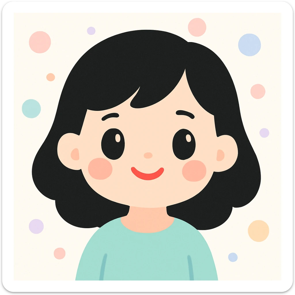 cute cartoon style girl with black hair, black eyes, and red lipstick sticker
