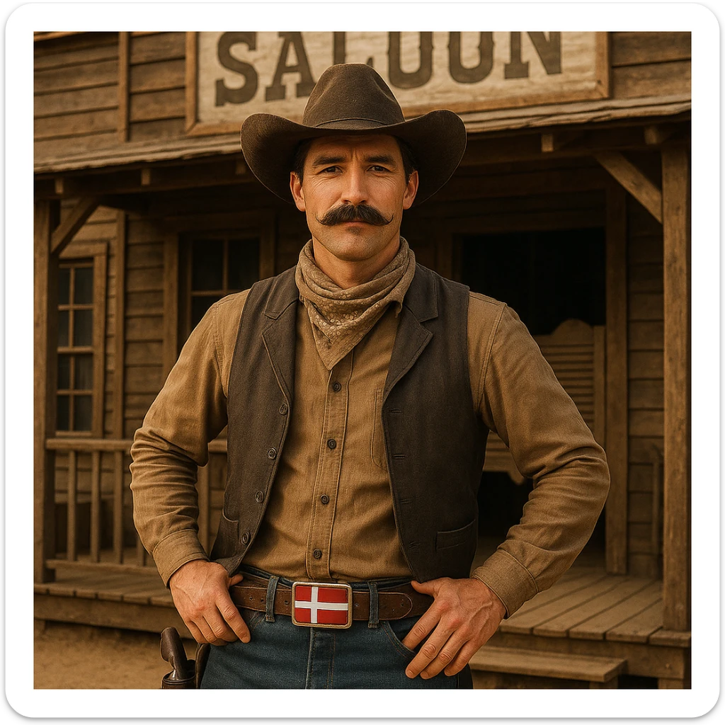 Danish cowboy with a mustache and Danish flag belt buckle standing in front of a saloon sticker