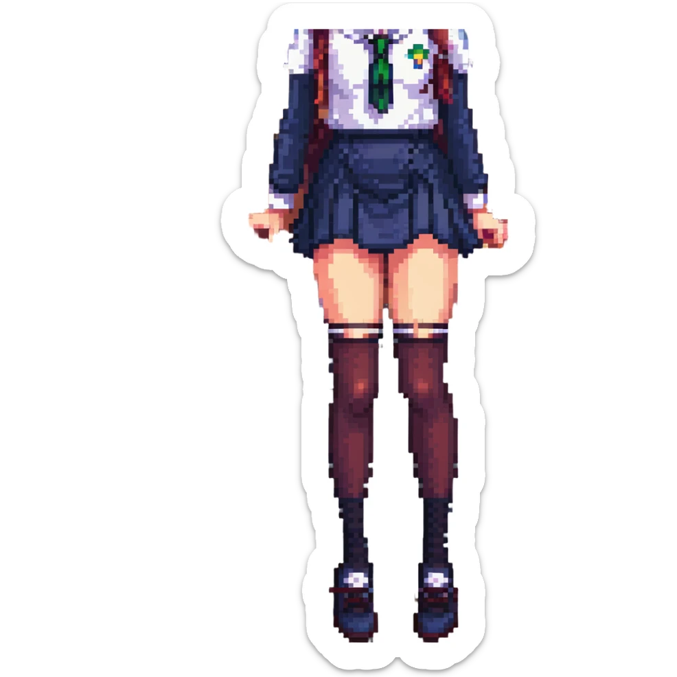 pixel art of a girl in a school uniform, focus on legs in dark stockings sticker