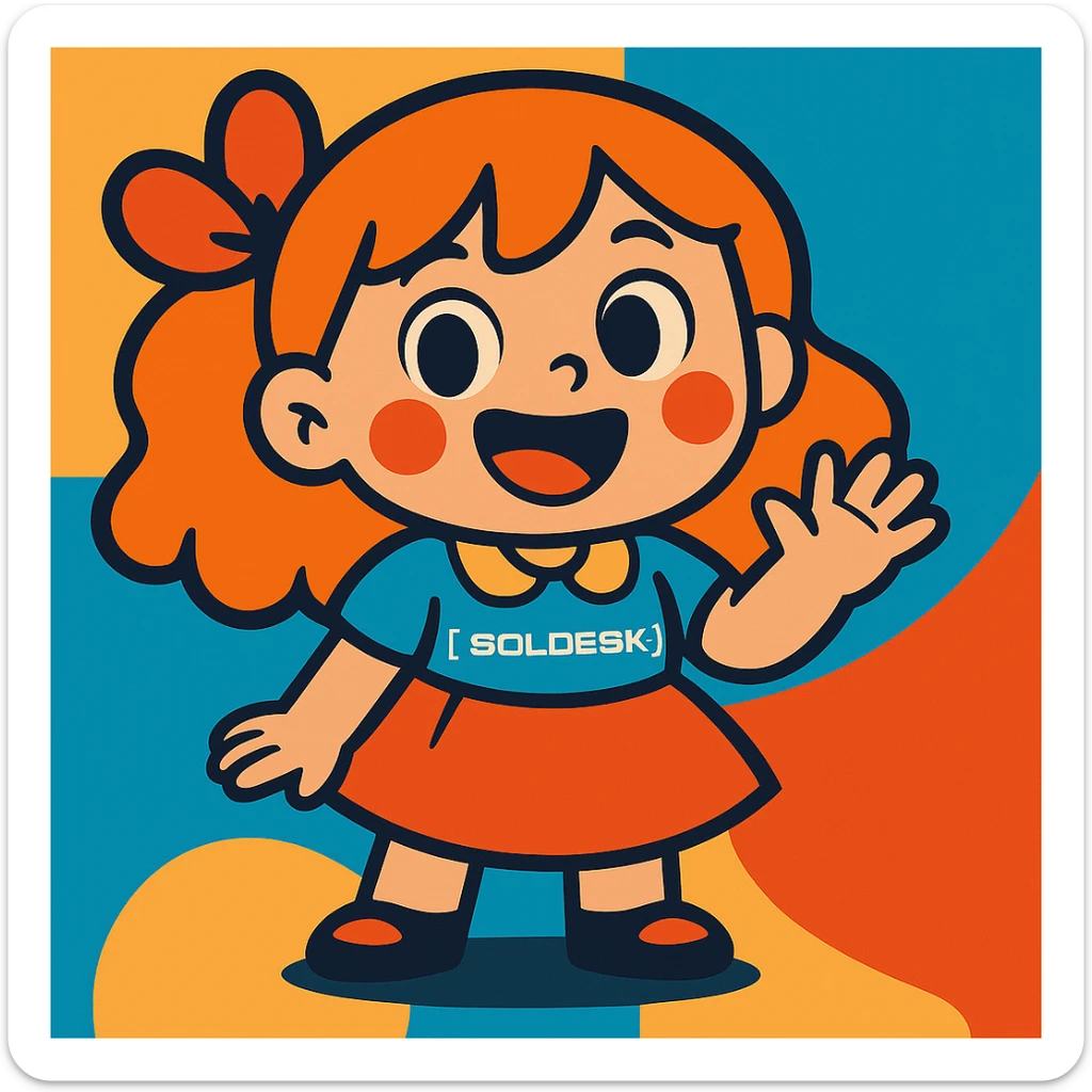 Add the SOLDESK logo to the character's shirt, keep the vibrant toon style, preserve the original background. sticker
