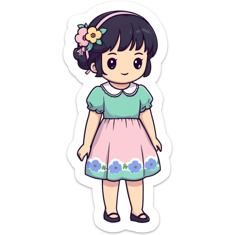 Adorable anime girl with black hair in a beautiful cottagecore dress with pastel colors and floral elements sticker
