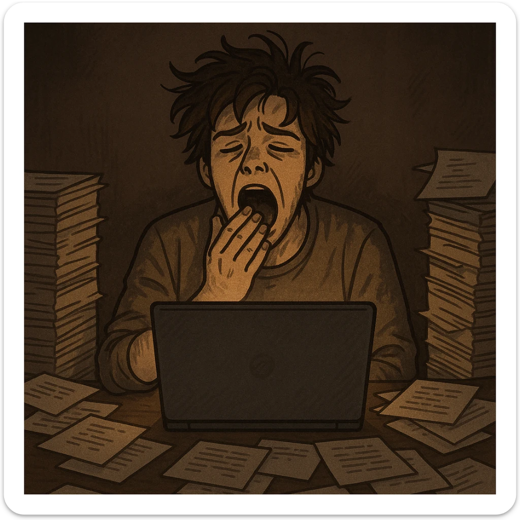 tired blogger with a laptop, yawning, messy hair, stacks of notes, dim lighting, late night atmosphere sticker