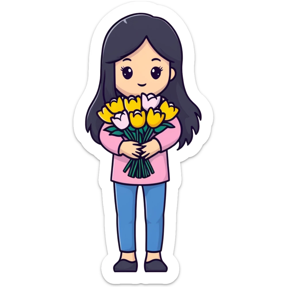 beautiful girl with long black hair holding a bouquet of flowers sticker