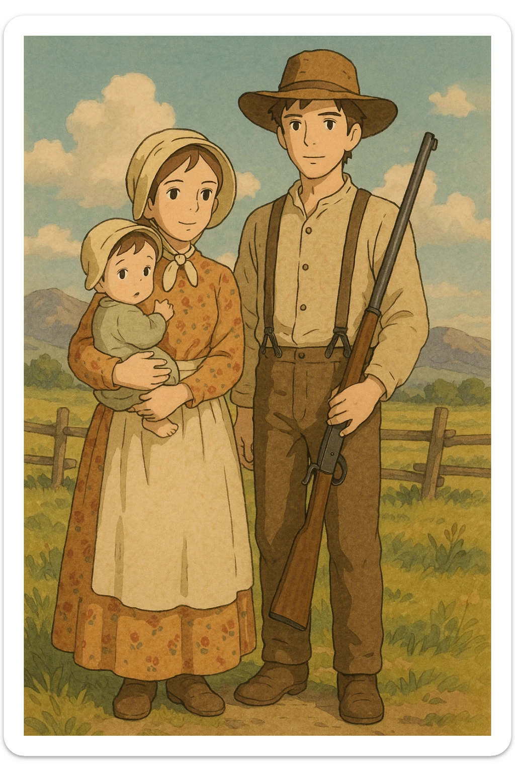 The full bodies of a young husband and wife who are pioneer settlers in the American West in the 1850s. The wife has a young child and the husband is carrying a rifle. sticker