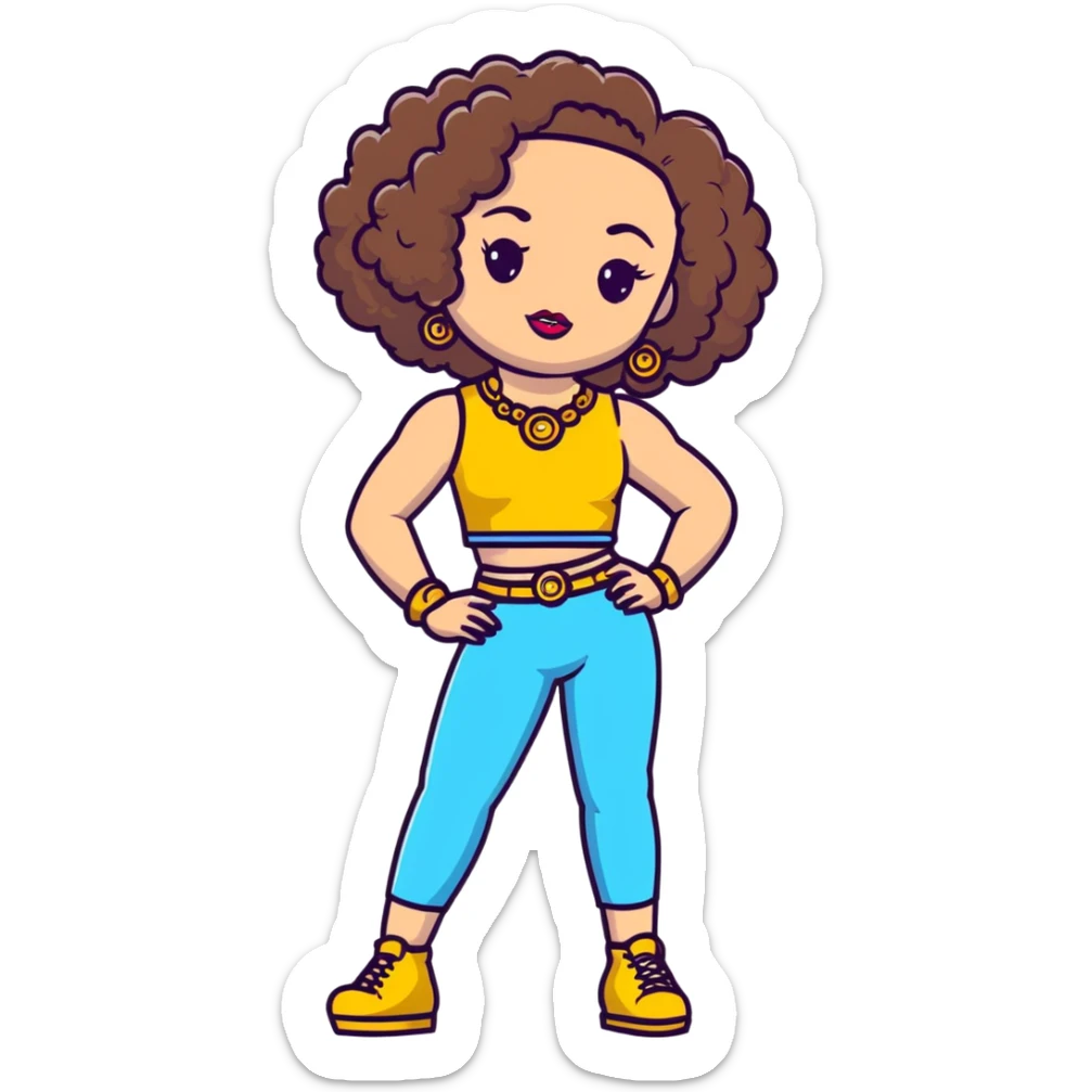 Full body teenage girl with curly brown hair, heavy makeup, big lips, crop top, gold jewelry and flashy choni style outfit sticker
