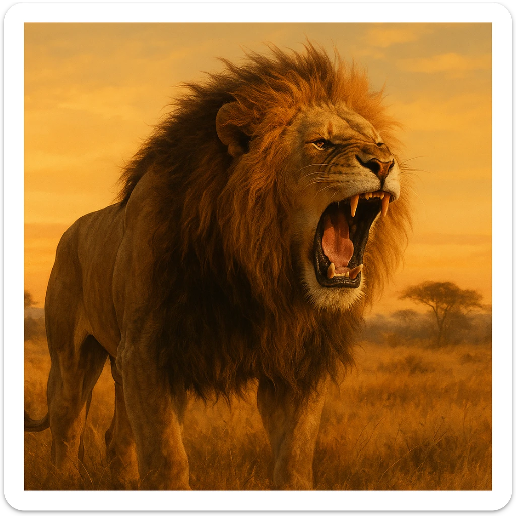 a big, fierce male lion, roaring, realistic, savannah background, golden hour lighting sticker