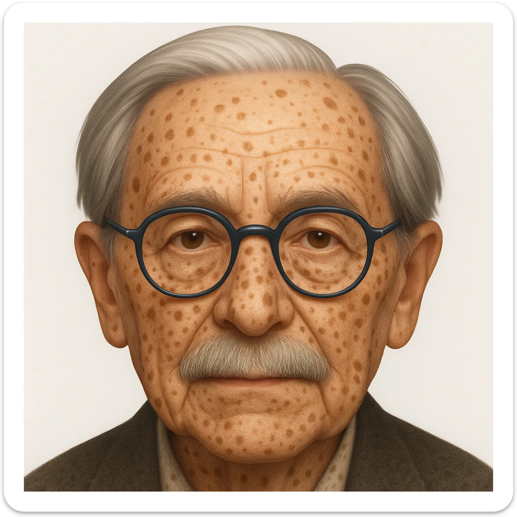 Add more age spots and freckles, and make the face more closely resemble Hans Jonas, German philosopher, while keeping the emoji style. sticker