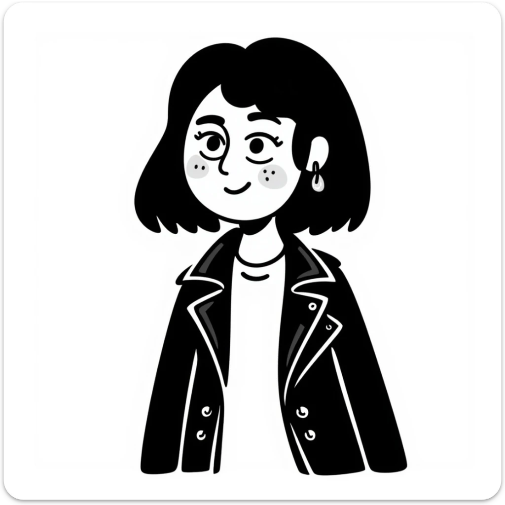 goth girl, pale skin, black hair, piercings, leather jacket, hand drawn doodle style sticker