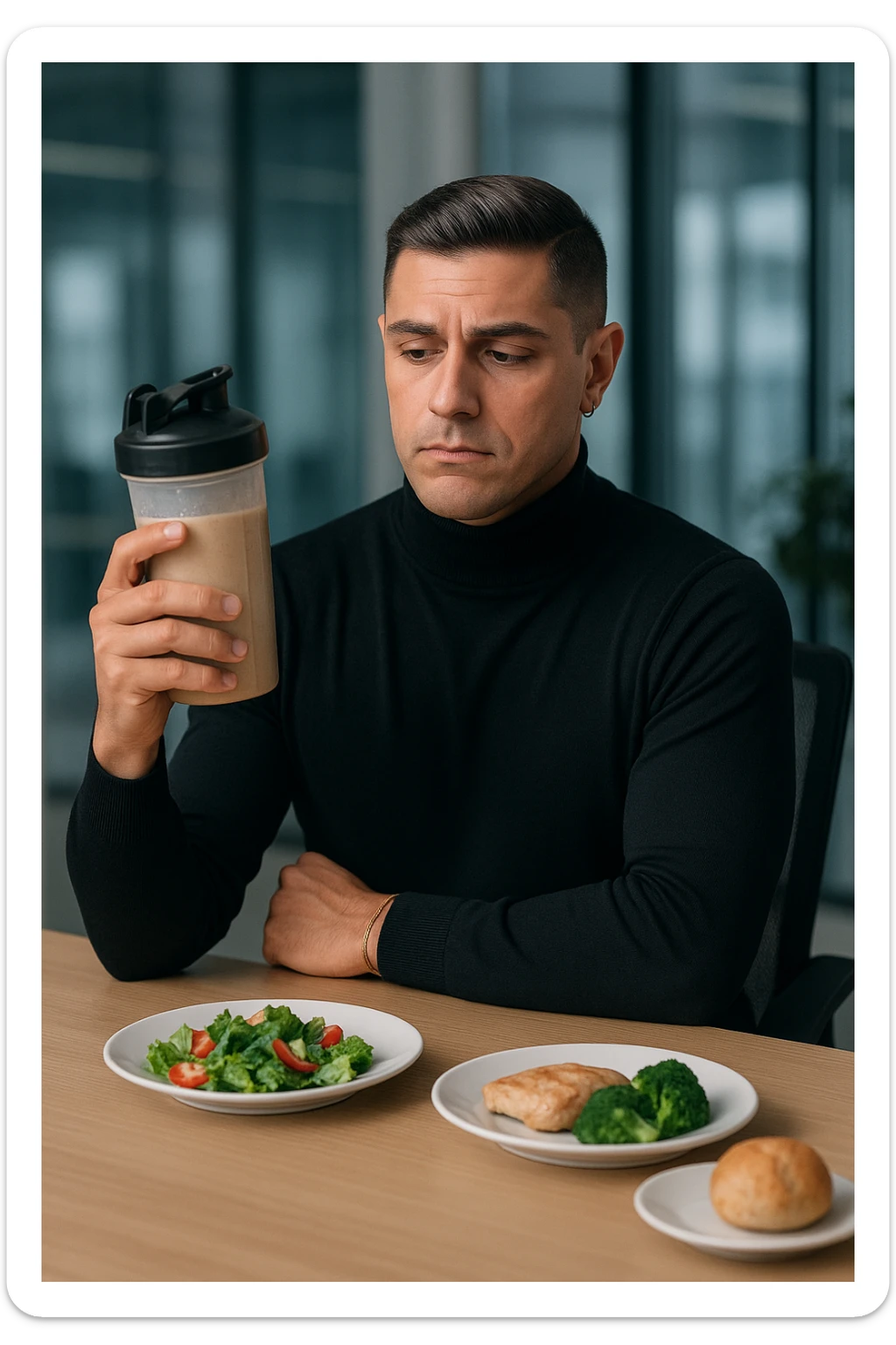 un uomo in abiti da ufficio tiene in mano uno shaker o una bottiglia di sostituto pasto, guardandolo con un’espressione neutra o leggermente indecisa. Sul tavolo davanti a lui ci sono piatti di cibo solido non toccati, come insalata, pollo e pane, a sottolineare la sua scelta di evitare il pasto tradizionale. L’atmosfera è moderna e riflessiva. sticker