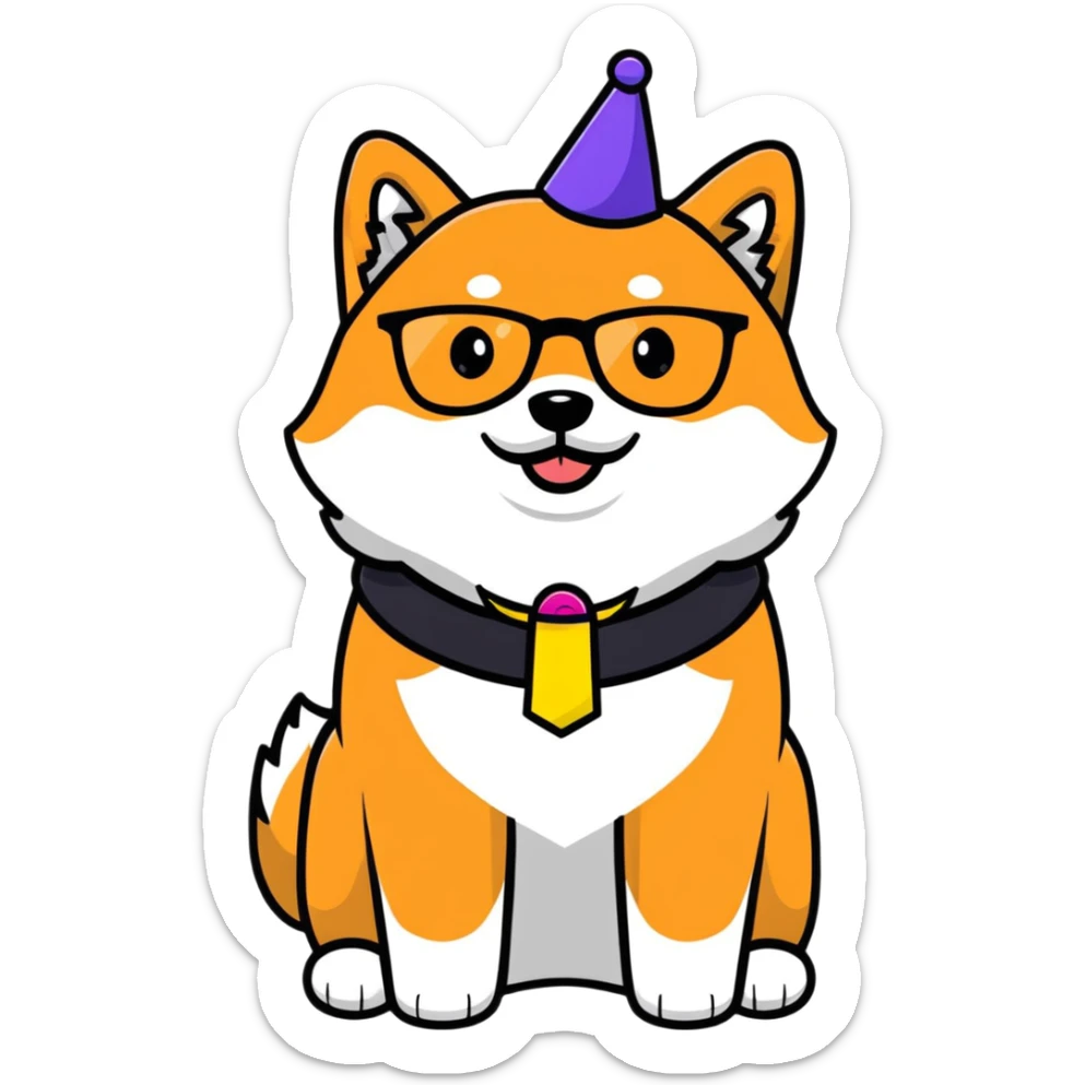 Shiba Inu wearing a "Birthday Vibes" sash and glasses, transparent background sticker