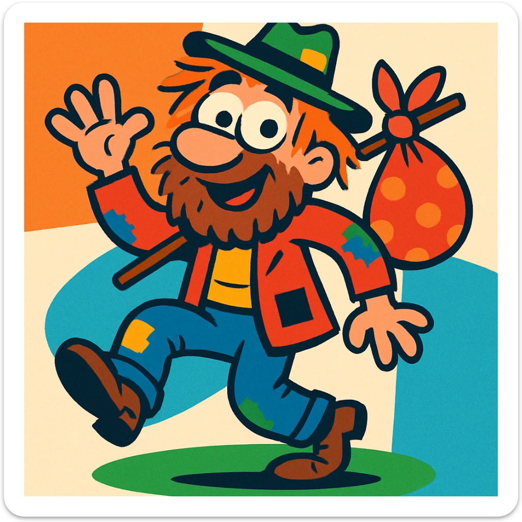 cartoonish character with scruffy hair and a bum-like appearance, playful and humorous sticker
