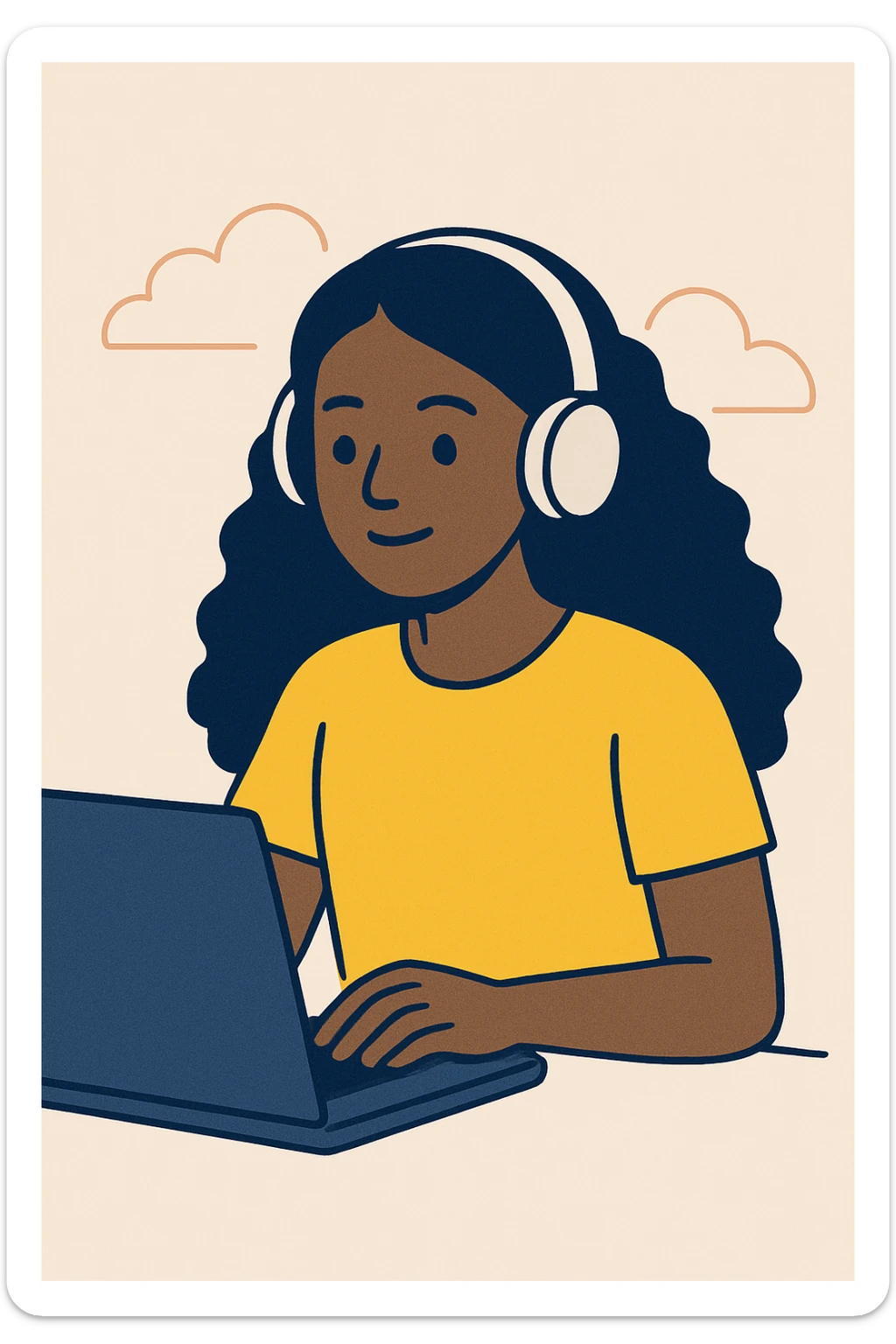 dark skin African American girl with long curly black hair, wearing a yellow shirt and headphones, typing at a laptop, modern illustration style sticker