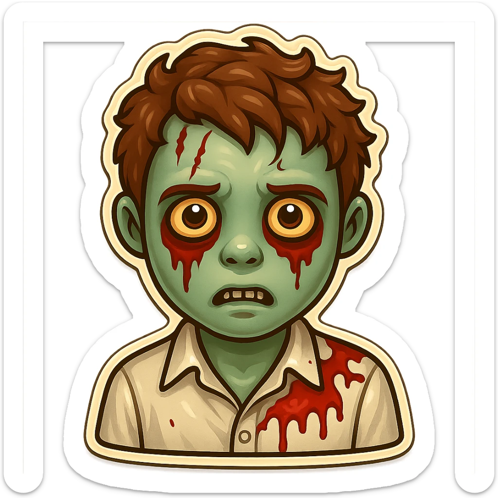 Edit the emoji of a zombie boy with brown curly hair, slightly longer hair, wearing a white shirt, on a transparent background. Keep the retro stickers style consistent. sticker