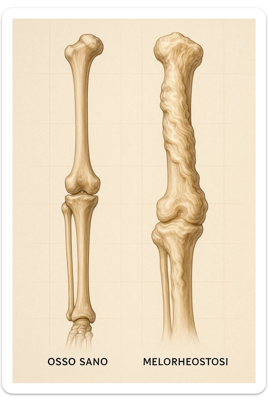 A highly realistic medical illustration focusing on a human arm and leg bones affected by melorheostosis. The bones appear visibly thickened, irregular, and larger than normal, with clear, layered bone growth resembling melted wax dripping down the side of the bones. The image shows a side-by-side comparison with a healthy bone for clarity, highlighting the difference in size and texture. The color palette includes neutral bone colors with subtle shading to show the abnormal contours and ridges. The background is clean and minimalistic, with faint anatomical grid lines for a scientific, educational feel. The overall mood is informative and precise, conveying the key visual characteristic of melorheostosis: progressive bone thickening that makes bones visibly larger and irregular. in italiano sticker
