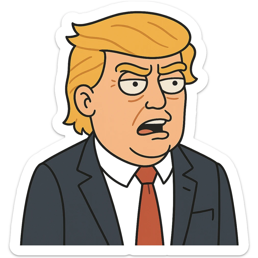 Donald Trump cartoon style, expressive face, orange hair, suit and red tie sticker