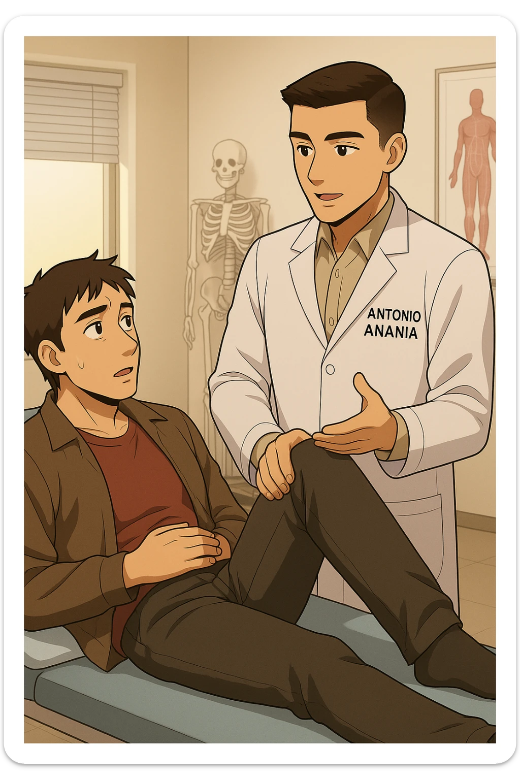 fai un webtoon manga a colori con questo stile, in cui un uomo è steso sul lettino medico e il kinesiologo con il camice bianco (fagli anche la scritta "ANTONIO ANANIA" SUL CAMICE, gli solleva una gamba per fargli il test neuromuscolare, IL KINESIOLOGO SPIEGA ALL'UOMO UNA cosa mentre gli alza la gamba. non fare i fumetti però, fai solo in modo che sembri stiano parlando sticker