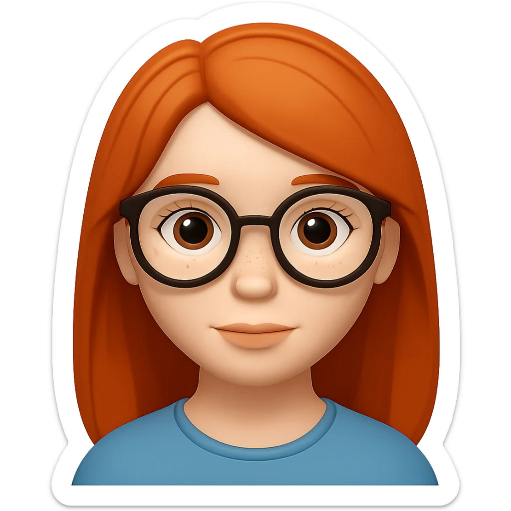 Add glasses to the freckled woman with straight hair in emoji style. Remove the background. sticker