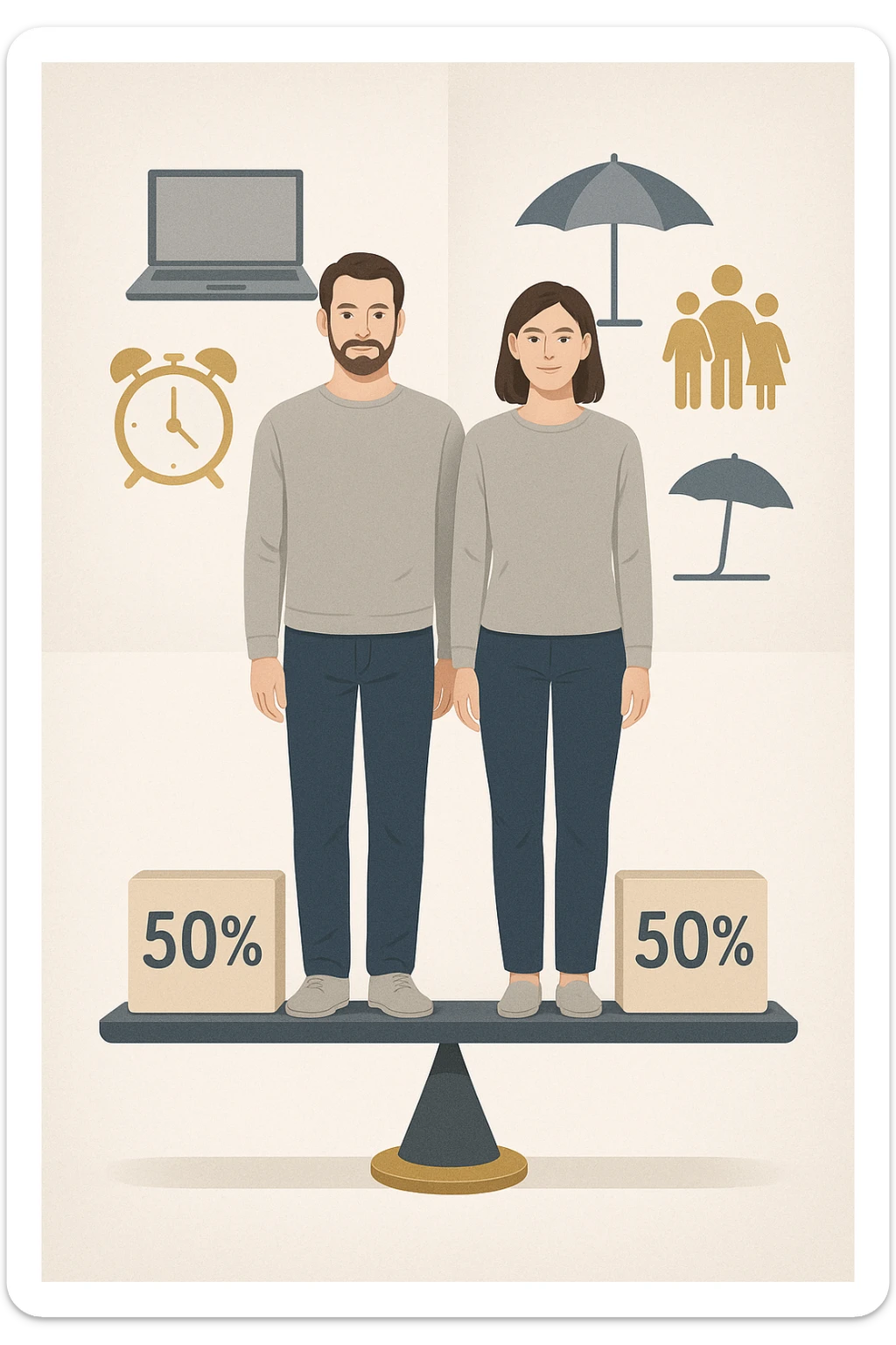 Uomo e donna in piedi l’uno accanto all’altra, al centro di una bilancia perfettamente in equilibrio. Entrambi vestiti in modo simile (moderno e neutro), con espressioni serene e rispettose. Sotto i loro piedi, due blocchi con scritto '50%' ciascuno. Sullo sfondo, elementi divisi simmetricamente: lavoro, famiglia, tempo libero, rappresentati equamente da entrambi. Atmosfera armoniosa, illuminazione equilibrata, colori neutri e simbolici (bianco, grigio, blu e oro). Stile realistico con accento simbolico sul concetto di equità in italiano sticker