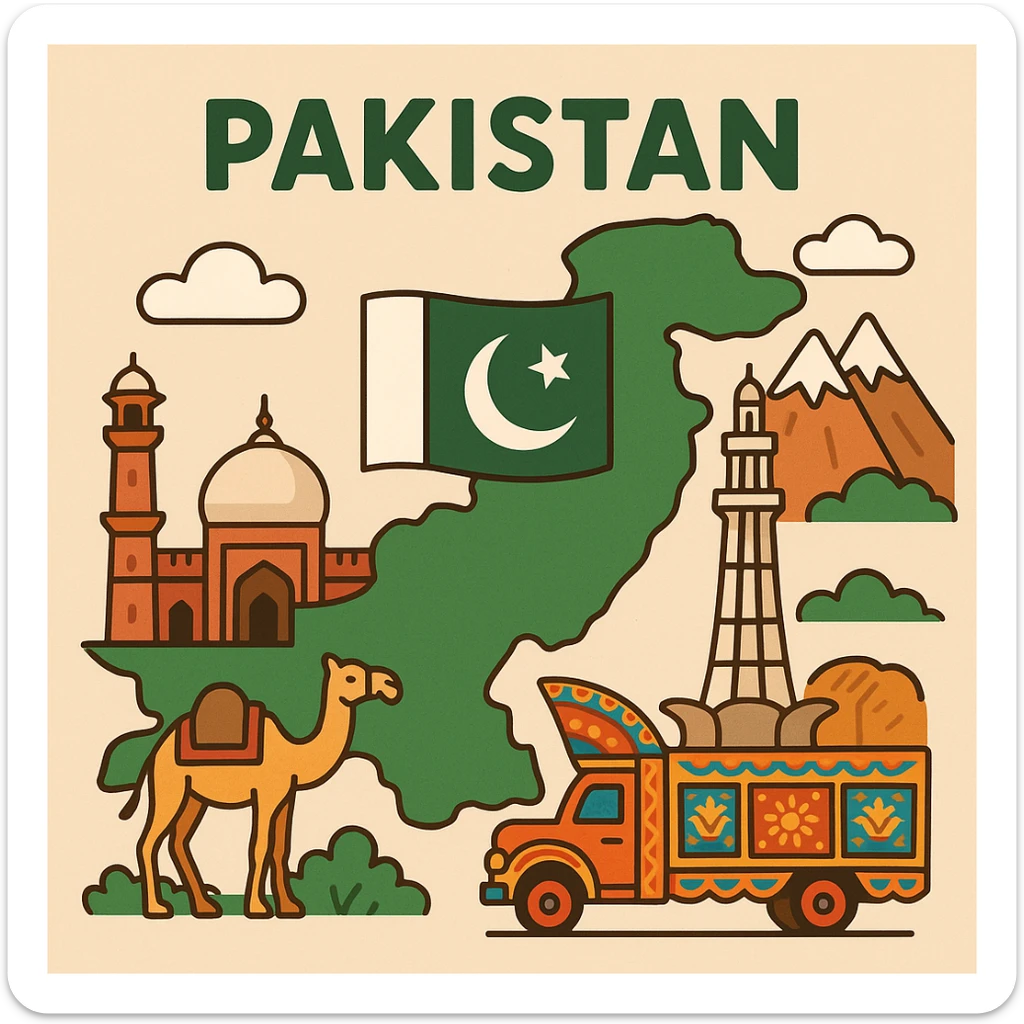 flat toon style illustration of Pakistan with flag and cultural motifs sticker