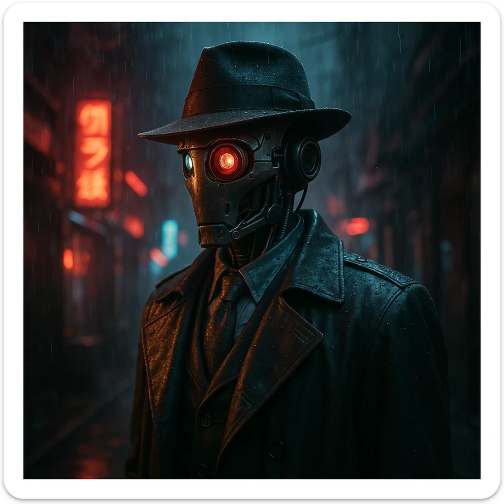 photorealistic robot detective in a rainy futuristic alley, moody lighting, neon accents sticker
