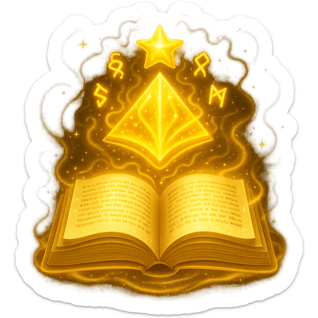 Make the mystic yellow book even more mystical in the style of apple emojis. Add a glowing magical aura, floating runes, swirling sparkles, and mysterious energy around the book. Keep no background. sticker