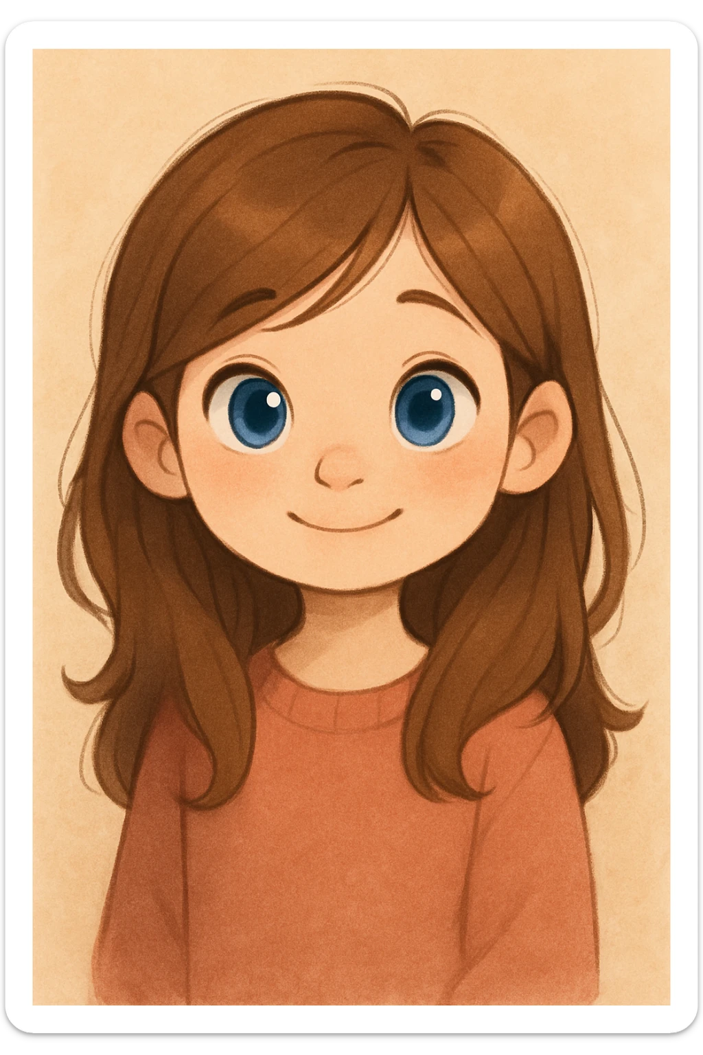 cute white girl with brown hair and blue eyes, soft friendly cartoon style, warm and gentle expression sticker