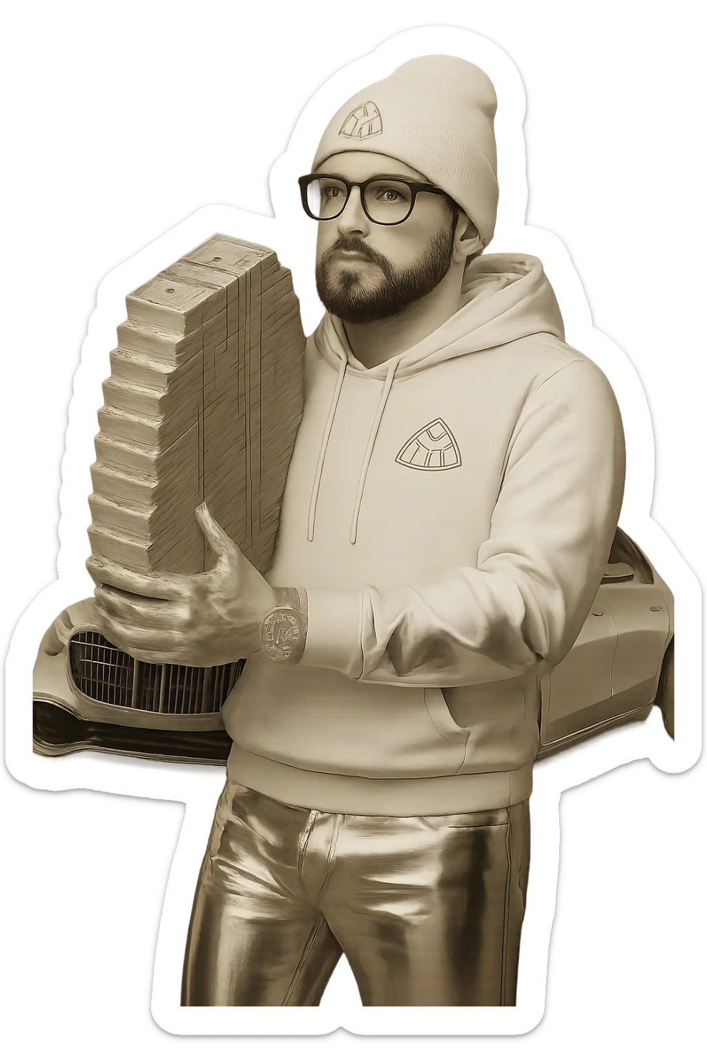 Edit the image by placing a Maybach car behind the person. Ensure the person's skin tone is clearly white as requested. Change the pants to white sweats and make all clothing white. Keep the chrome effect on everything except the realistic money, which should not have the chrome effect. Maintain the transparent background and all previous details including the black goatee and facial hair, white Louis Vuitton beanie, Cartier glasses. Replace the AMG logo with Maybach. Preserve the overall style and details from the original image. sticker